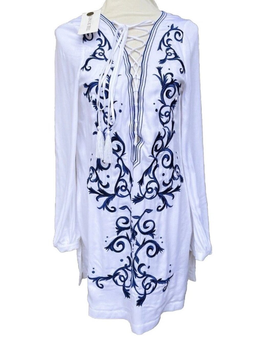 The Jetset Diaries Women White Embroidered Blue Lace Up Mini Dress Size S